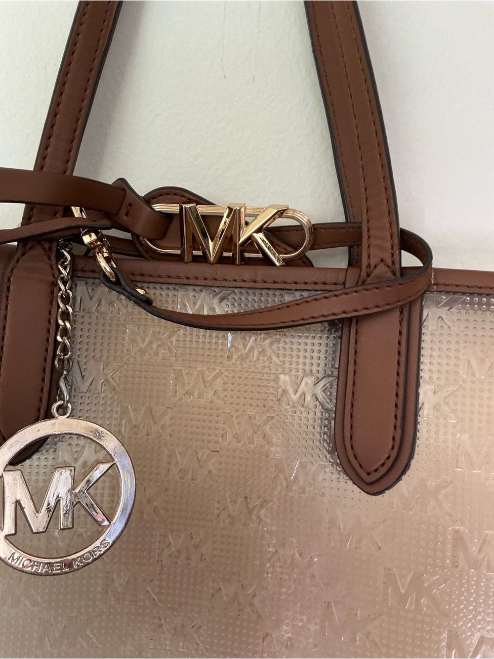 Michael Kors Beige Clear Tote with Brown Trim and MK Charm